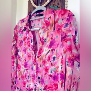 ZARA Pink Floral Button Down Long Sleeve Sheer Blouse with Collar Women’s Size S
